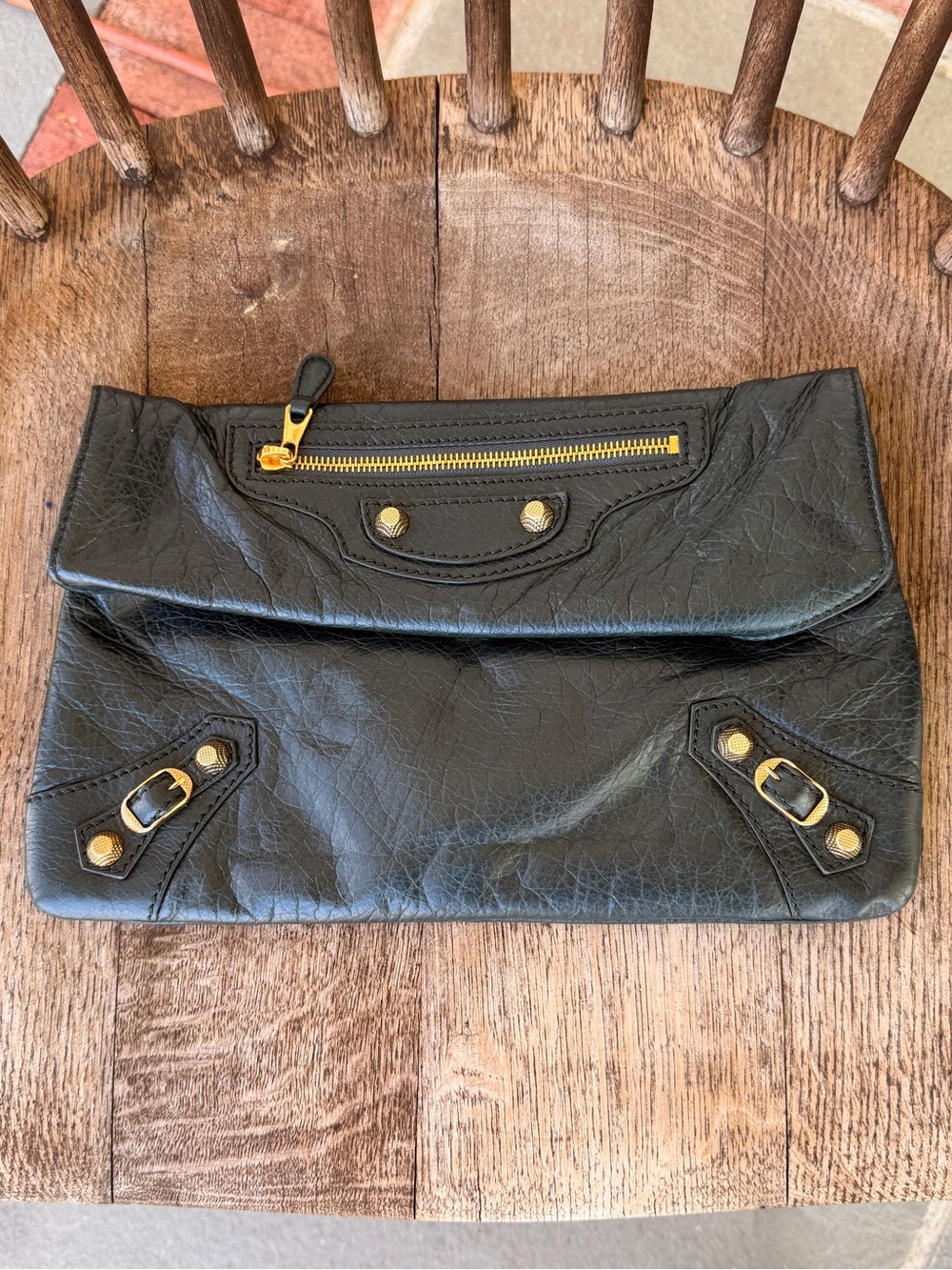 Balenciaga Classic Envelope Clutch – Black Distressed Leather | Gold Hardware